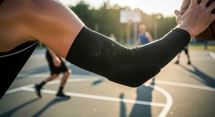 Closeup of a basketball players arm wearing an elbow pad during a game