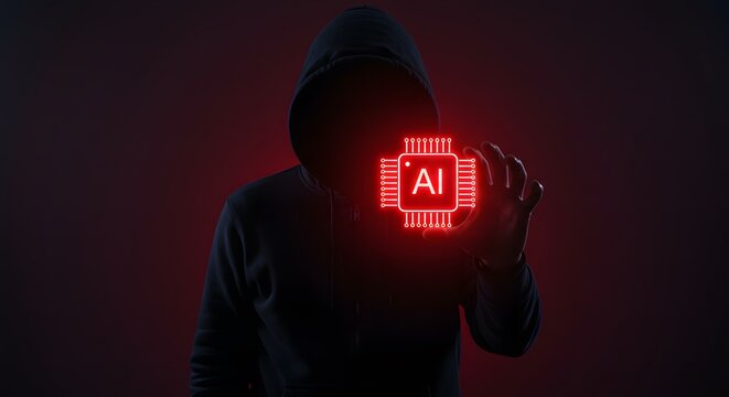 Shadow Hacker: A shadowy figure wearing a hood against a ominous red backdrop, extending a hand to hold an glowing AI circuit, embodying the dark side of innovation.