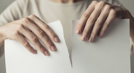 A person's hands tear a piece of white paper in half, symbolizing the end of a relationship, a broken promise, or a difficult decision.