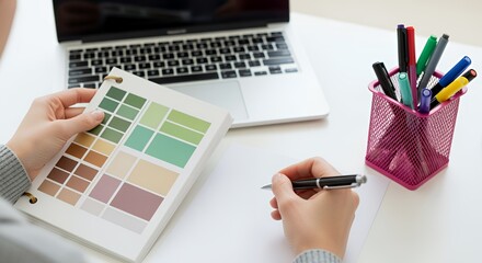 A graphic designer meticulously reviews color swatches and sketches design ideas using a laptop and pens.