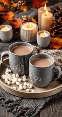 Cozy autumn scene two mugs of hot chocolate with marshmallows, surrounded by candles, pine cones, and fall leaves on a wooden surface