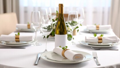 A beautifully set formal dining table with wine bottle, glasses, and napkins.