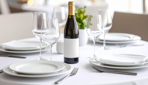A neatly set table with wine bottle and glassware in a restaurant.