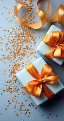 Elegant Presents. Two pale blue gifts with bright orange ribbons sit on a light blue surface surrounded by shimmering confetti and a graceful ribbon curl, conveying celebration