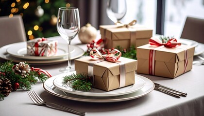 Christmas gifts atop plates on a festive table setting, with glasses and decorations.