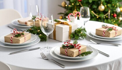 Festive Christmas table setting with wrapped gifts, plates, cutlery, glasses, and a decorated Christmas tree in the background.