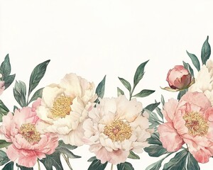 Delicate watercolor peony blooms with loose brushstrokes and gold ink embellishments are arranged in a vintage botanical border on cream paper.
