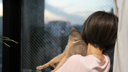 猫をだっこして外を見つめる女性