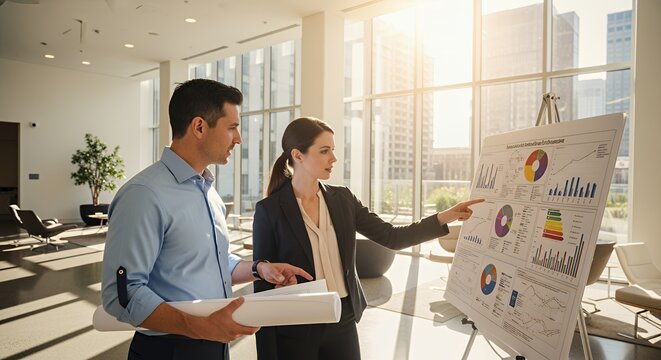 Two professionals review financial data charts and graphs together during a business meeting in a modern .