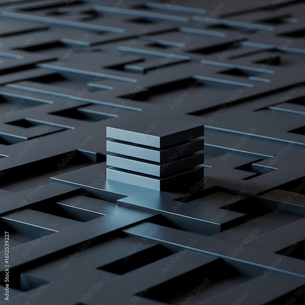 Aufkleber stacked geometric shapes on dark abstract maze background pattern