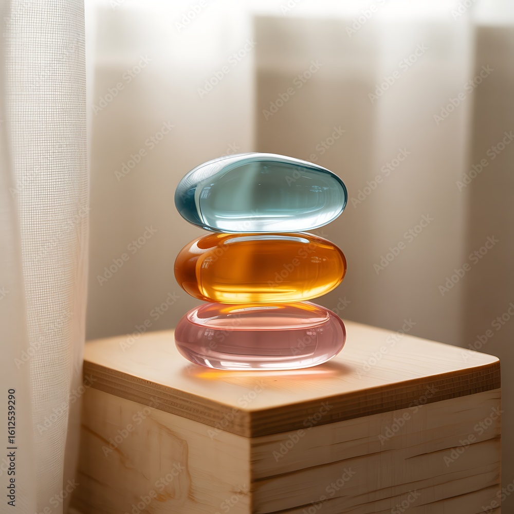 Poster stack of three translucent oval glass objects in blue amber and pink image