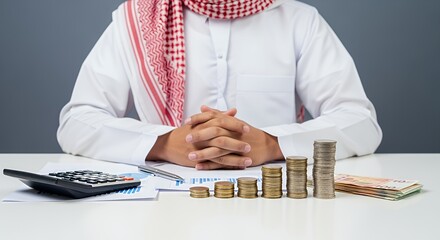 A man in traditional Middle Eastern attire sits at a desk, hands clasped, reviewing financial documents and stacks of coins, symbolizing wealth and financial planning.