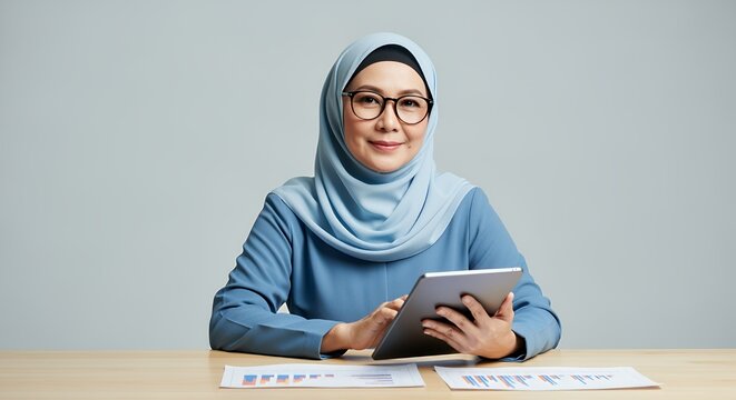 A confident businesswoman wearing a hijab works on a tablet, reviewing financial documents at her desk.