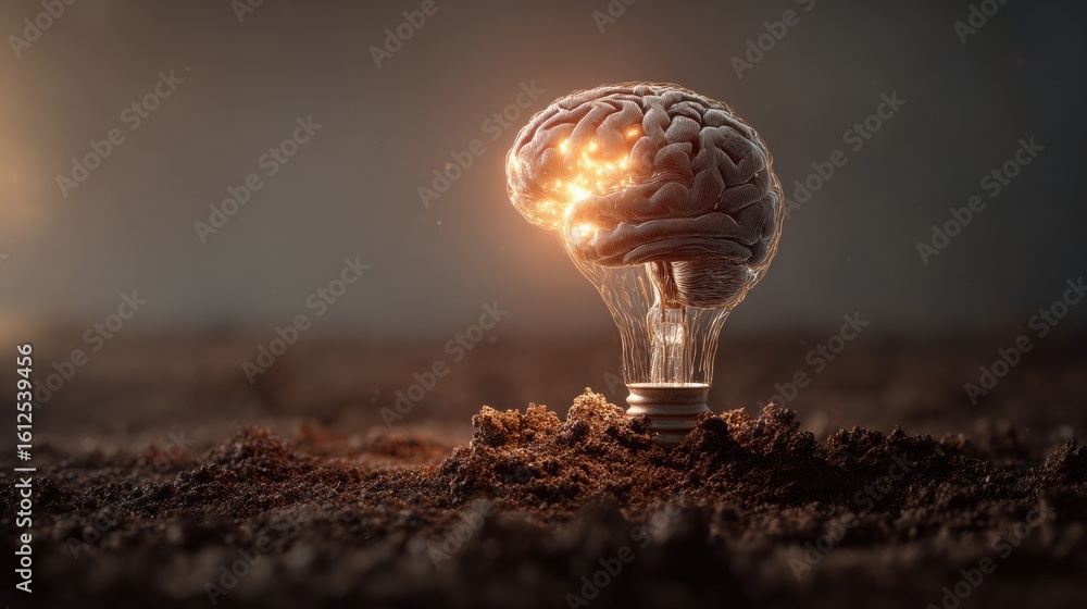 Poster light bulb sprouts from soil resembling a brain in a warm and open background