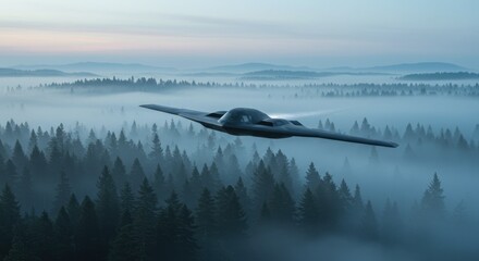 Stealth Bomber Soaring Above Misty Forest Landscape
