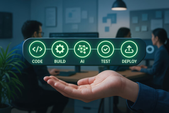 AI software developer collaboration concept with hand holding digital icons for code build test and deploy in office