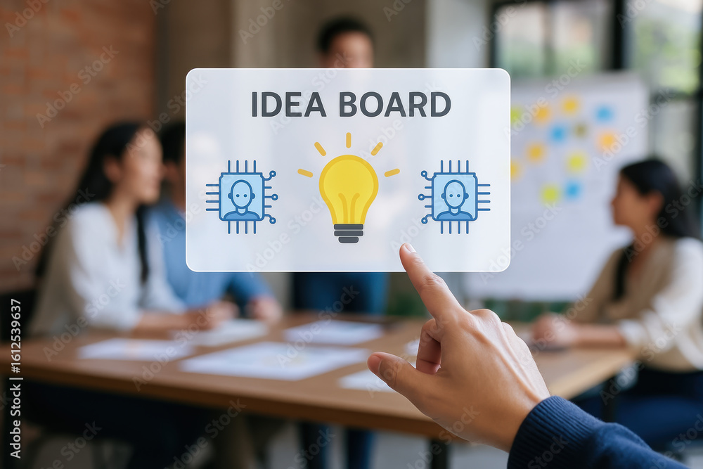 Aufkleber idea board with light bulb and ai icons highlights software developer collaboration in modern office