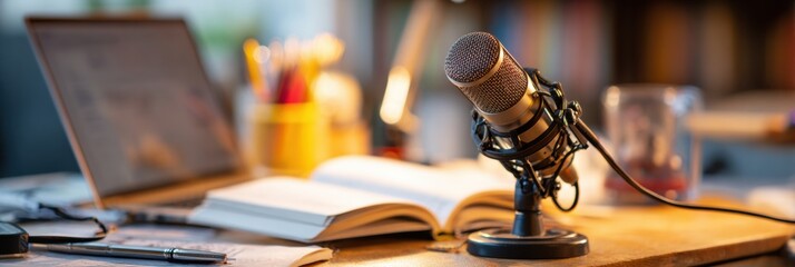 Student Records Podcast Featuring Study Tips With Microphone and Laptop in Cozy Study Space During Afternoon Hours
