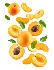 Apricots in mid-air, sliced and whole