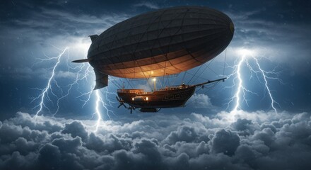 Steampunk Airship Navigating a Dramatic Thunderstorm:  Airship Adventure Amidst Lightning and Clouds