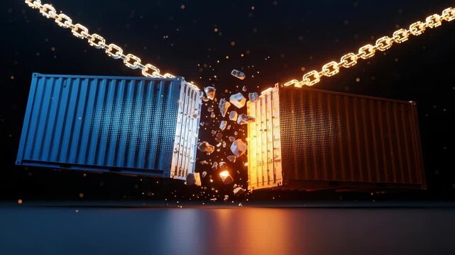 A dramatic visual of two shipping containers one blue and one orange colliding and bursting apart in a spectacular explosion of debris set against a dark background with glowing chain links