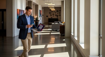 A businessman uses his laptop and phone while walking through a modern building hallway.