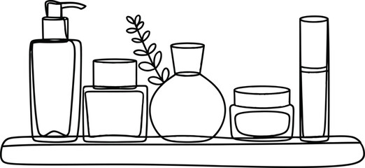 Hand drawn sketch of various cosmetic bottles and jars on a shelf