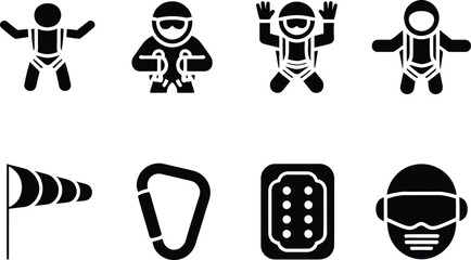 Set of skydiving and extreme sports icons with people and equipment
