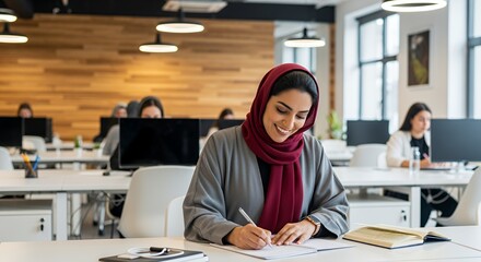 A young woman in a hijab works diligently at her desk in a modern, open-plan , surrounded by colleagues.