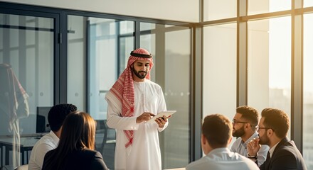 A businessman in traditional Middle Eastern attire presents a digital tablet to a diverse group of colleagues during a modern meeting.