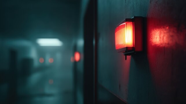 Emergency alert system activation hospital corridor photography dark environment close-up view safety concept