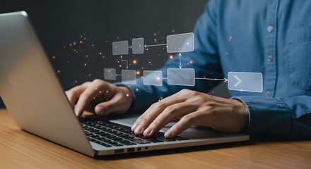 Digital Flow: A close-up shot showcasing a person's hands deftly navigating a laptop, with interconnected digital flowchart elements overlaying the scene.