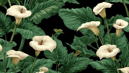 Botanical repeat featuring creamy white calla lilies amidst large, deep green foliage, contrasted against a solid black background