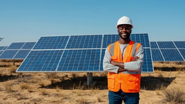 A person in an orange vest stands in front of solar panels