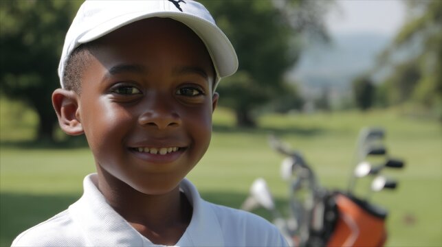 Young golfer smiling on a golf course outdoor recreation joyful environment bright day