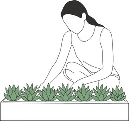 Woman tending to a raised garden bed with green plants