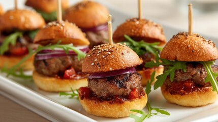 Culinary delight mini burger sliders gourmet kitchen food photography elegant setting close-up view appetizing presentation