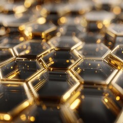 Abstract close-up of a shimmering, three-dimensional honeycomb pattern composed of dark glass hexagons with gold metallic frames and internal warm light sources