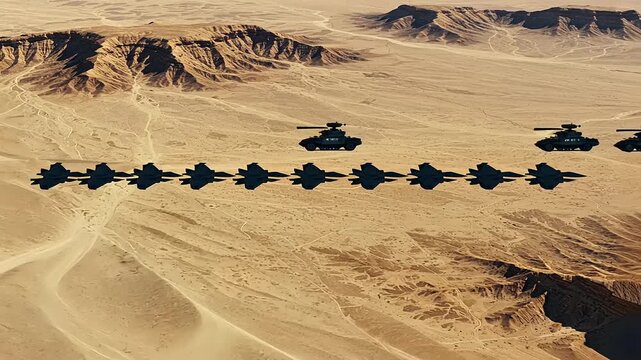 Military aircraft formation flying over arid desert landscape with mountains in the background