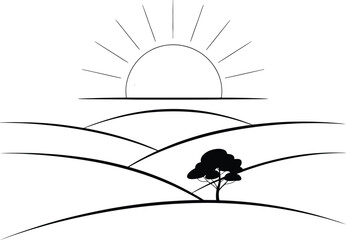 Stylized black and white drawing of rolling hills at sunrise with a lone tree