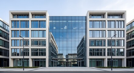 Exterior view of a contemporary corporate headquarters with large windows and a central glass entrance