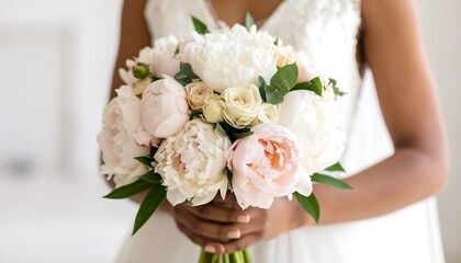 A bride holds a bouquet of blush and white peonies and roses
