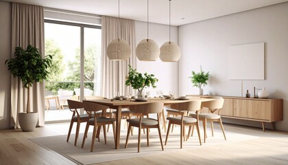 Fototapeta premium Bright dining room interior with a wooden table, chairs, pendant lights, and plants, bathed in natural light from a large window.