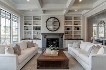 Fototapeta premium Modern farmhouse living room with dark wood floors, white sofas, built-in shelves, grey accent wall, fireplace, and natural light