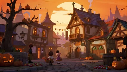 Fototapeta premium Spooky Halloween Night with Haunted House and Full Moon