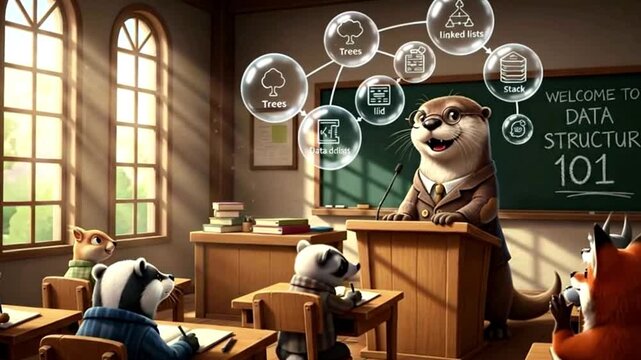 Animated Otter Teaching Data Structures to Animal Students in Classroom