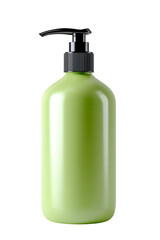 A clean shot of a light green cosmetic bottle with a black pump. Isolated on white, this fresh mockup is perfect for natural lotions, soaps, or shampoos.
