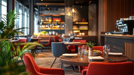 A modern, stylish restaurant interior with red and orange chairs, wooden tables, and a wooden bar counter.