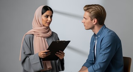 A woman in a hijab attentively listens as a man explains something to her, holding a clipboard during a serious discussion.