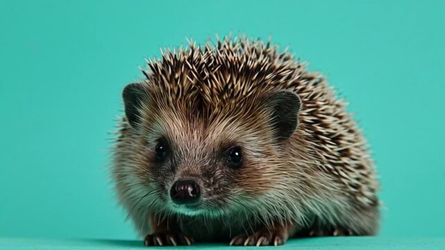 Closeup of a curious young hedgehog exploring on a flat surface with a vibrant background